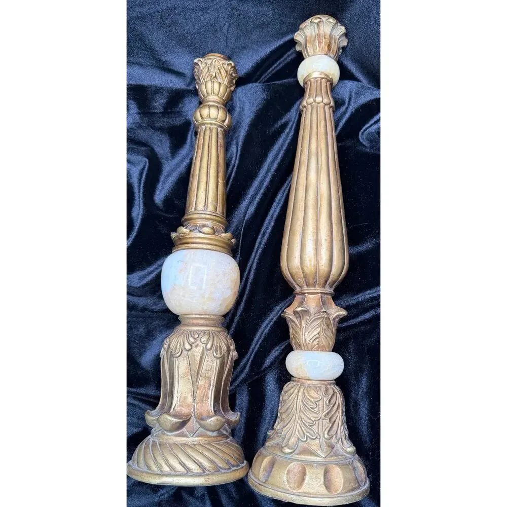 Vintage Stone & Gilt Resin Candlestick Set French Country Decor